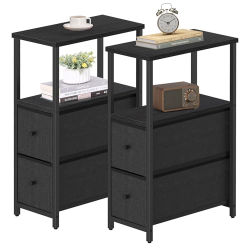 TUTOTAK Small Narrow End Table, Set of 2, Side Table, Nightstand with 2 Cloth Drawers, Couch Table, for Living Room, Bedroom, Bedside, Black TB01BK054 - color: Black, style: Ordinary