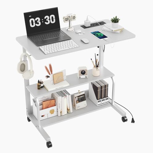 FCH 31.5" Mobile Small Standing Desk, Adjustable Height Mobile Computer Desk, w/2 AC Outlets + 3 USB Ports & Hooks, Storage Shelves, Suitable for Gaming, Studying, Home Office, White - color: Grey, size: 31.5+Power Sockets