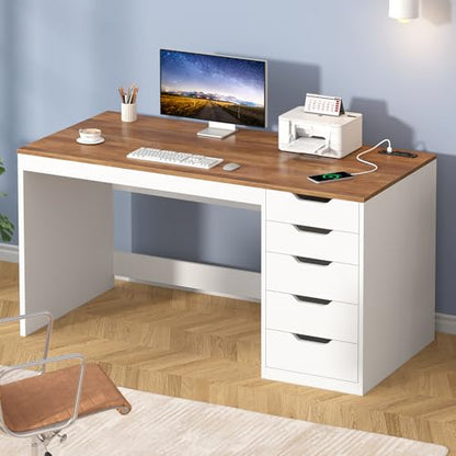 YOMILUVE 47 Inch Computer Desk with 5 Drawers and Power Outlets, Home Office Desks with Storage File Cabinet, Modern Simple Laptop Desk Writing Table for Small Spaces, Brown and White - color: Brown and White