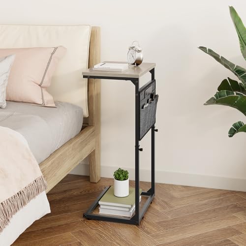 Vagusicc C Shaped End Table, 33'' Tall Side Table for Couch, Adjustable Height Small Couch Side Table for Small Spaces, C Table Slide Under Sofa Table TV Tray Arm Table for Living Room, Bedroom, Grey - color: Greige