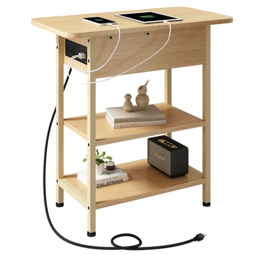LIDYUK End Table with Charging Station, Flip Top Side Table with USB Ports and Outlets, Nightstand for Small Spaces, Bedside Tables with Storage Shelf for Living Room, Bedroom, Natural - color: Natural, size: Pack of 1