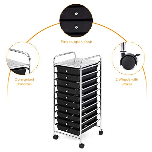 BETTARY Office Rolling Storage Cart with 10 Drawer, Scrapbook Paper Office School Organizer with Lockable Casters, Multipurpose Mobile Storage Cart for Supermarket, School, Office, Home (Black)