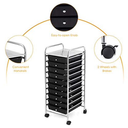 BETTARY Office Rolling Storage Cart with 10 Drawer, Scrapbook Paper Office School Organizer with Lockable Casters, Multipurpose Mobile Storage Cart for Supermarket, School, Office, Home (Black)