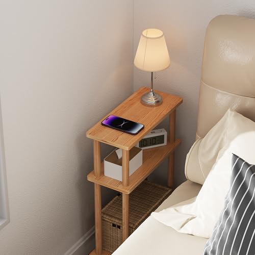 Apicizon Small Narrow Side Table, 3-Tier Skinny End Table for Small Spaces, Slim Nightstand with Storage Shelf, Bedside Table for Living Room, Bedroom, Natural - color: Natural, style: Narrow Side Table