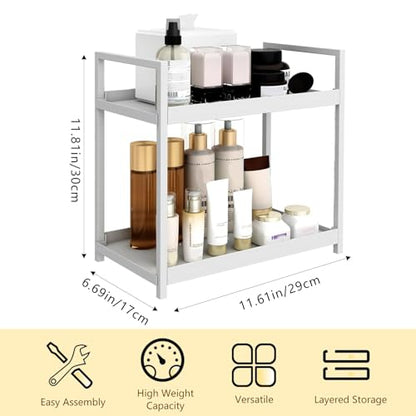 2-Tier Bathroom Countertop Organizer Multifunctional Vanity Tray Cosmetic and Makeup Storage Rack Kitchen Spice Shelf Freestanding Organizer (White) - color: White