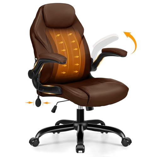 Ylzyxal Office Desk Chair, Ergonomic Computer Chair with Padded Flip-Up Arms and Adjustable Lumbar Support, PU Leather Executive Chair with Tilt Lock and 360° Swivel Rolling Wheels for Work, Study - color: Darkbrown