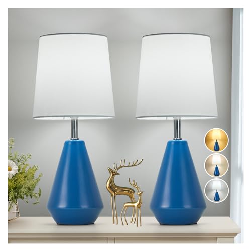 Small Bedside Table Lamp for Bedroom-Reading Desk Lamp Set of 2,with 3 Color Temperatures,15.5" Nightstand Ceramic Lamp with Fabric Shade for Kids Room,Living Room,Dorm,Home Office(Blue+White) - color: Blue+White-1, size: 15.5"