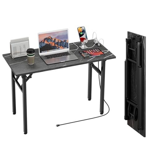 TEMI Small Computer Desk Folding Table - No Assembly, Compact 43.3" Foldable Desk with Power Outlets & USB Charging Port, Portable Small Office Desk, Ideal Mini Study Table, Marble Greige - color: Marble Greige, size: 43.3 Inch, style: With Power Outlets