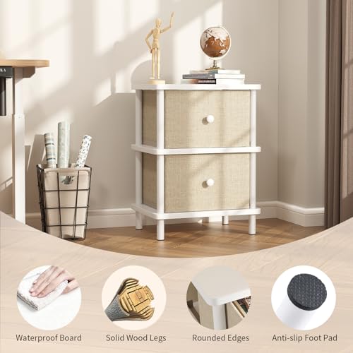 Apicizon Nightstand with 2 Drawers, Boho Side Table with Storage, White | Small End Table with Solid Wood Legs, for Small Spaces, Bedroom, Living Room, Entryway, Easy Assembly - color: White