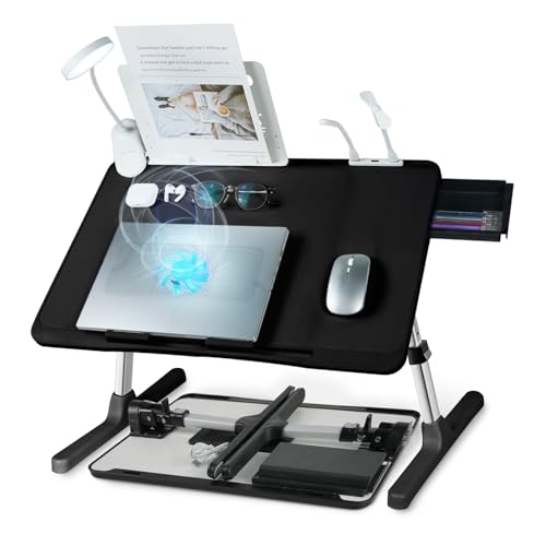iXTRA Laptop Lap Desk with Cooling Fan - Adjustable with Light, USB, Storage Drawer - Folding Bed Desk,23.62"*15.74",Black - color: Black,60*40cm
