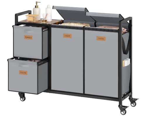 Hoctieon 4 Section Laundry Cart, 52.8 Gal. (200L) Laundry Hamper with Lid, Laundry Basket with Wheels, Rolling Laundry Sorter Organizer with Shelf, Clothes Separator with Removable Bags, Gray - color: Gray