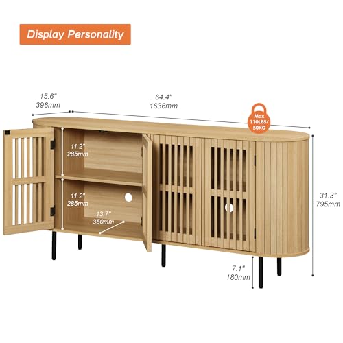 WAMPAT 64.4" Fluted TV Stand, Wood Entertainment Center for TVs Up to 70 inches, Curved Edge Media Console Table with Doors and Shelves for Living Room, Bedroom, Oak - color: Oak
