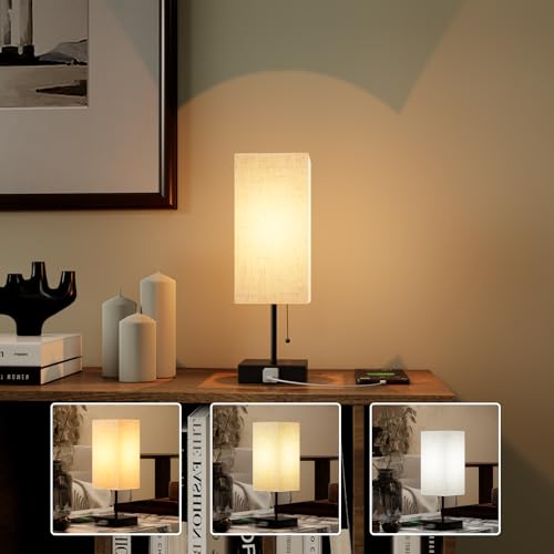 YIDPU Table Lamp for Bedroom,Nightstand Lamp for Bedside with AC Outlets,Adjustable 3color LED Light Desk Lamp for Home Decor,Included Bulb and Lamp Shade (Linen White-onlyAC, 1PCS) - color: Linen White-onlyAC, size: 1PCS