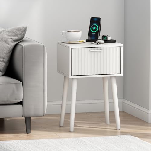 LAATOOREE Nightstands Set of 2, Small Side Table, Bedside Table with Fluted Door, Solid Wood Feet; Modern Mid-Century End Table for Bedroom, Small Space (White) - color: White, style: Fluted Style