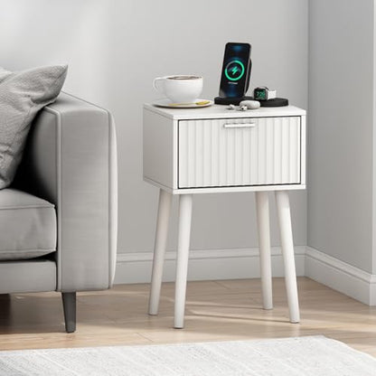 LAATOOREE Nightstands Set of 2, Small Side Table, Bedside Table with Fluted Door, Solid Wood Feet; Modern Mid-Century End Table for Bedroom, Small Space (White) - color: White, style: Fluted Style