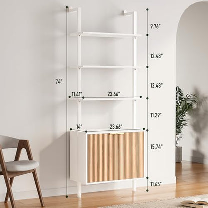 INNOD 74" Tall Bookshelf with Storage Cabinet, Modern Ladder Shelf with Wood and Metal Frame, Wall Mount Bookcase Open Display Shelf Furniture for Living Room, Bedroom, Home Office, White and Oak - color: White & Oak