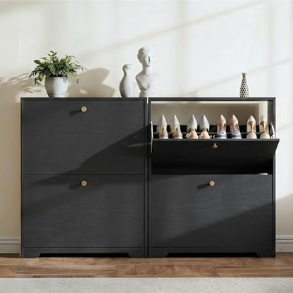 Nicetree Shoe Cabinet with 2 Flip Drawers, Narrow Shoe Organizer Cabinet, Freestanding Shoe Rack Cabinet, Modern Shoe Storage Cabinet for Entryway, Hallway, Foyer, Black with Hook - color: Black, style: 2-Drawers with Hook