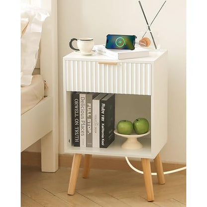 Fultyle White Nightstand with Charging Station, Mid Century Modern Bedside Table with Drawers and Outlet, Side Tables Living Room, Wooden Night Stand for Bedroom, Office (White) - color: White With Charging Station