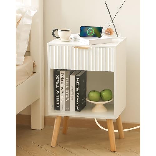 Fultyle White Nightstand with Charging Station, Mid Century Modern Bedside Table with Drawers and Outlet, Side Tables Living Room, Wooden Night Stand for Bedroom, Office (White) - color: White With Charging Station