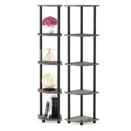 Furinno TURN-N-TUBE Corner Shelf Set of 2, 5-Tier Corner Bookshelf, Open Storage Shelves, for Organization and Storage, Living Room, Home Office, Garage, French Oak - color: French Oak/Black, size: 5-Tier Round Tube (Set of 2)