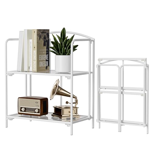Crofy 2-Tier Foldable Bookshelf, White Frame & Transparent Shelves | No-Assembly Collapsible Portable Storage Organizer; Sturdy Transparent Shelves; Ideal for Living Room & Home Office - color: White Frame & Transparent Shelf, size: 2 Tier