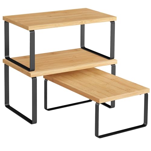 SONGMICS Cabinet Organizer Shelf, Set of 3 Kitchen Counter Shelves, Kitchen Storage, Spice Rack, Stackable, Expandable, Ink Black and Natural Beige UKCS014YL03 - color: Ink Black + Natural Beige