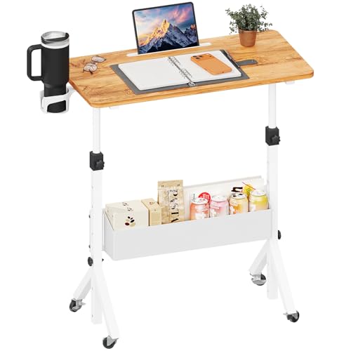 ErGear Mobile Standing Desk with Wheels, Adjustable Height 28.3″ to 46.1″, Rolling Laptop Cart with Cup Holder, Storage Basket, Computer & Pen Slot, Home Office Stand Up Desk, Light Vintage Brown - color: Light Vintage Wood