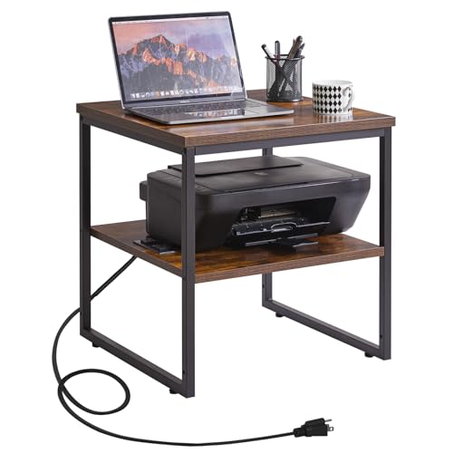 Aibiju Square Side Table with Charging Station and USB Port, 20-inch Multi-Functional Side Table/Printer Table with Adjustable Storage Shelf, Retro Brown YD-TM153HD - color: Rustic Brown, style: With Charging Station