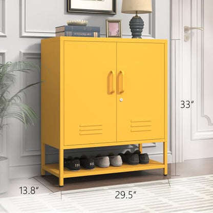 Wide 3-Tier Metal Shoe Storage Cabinet, Multifunctional Household Shoe Organizer with Adjustable Shelves for Home & Entryway Yellow 33" H X 29.5" W X 13.8" D - color: Mustard, style: Cabinet-33"H-AP