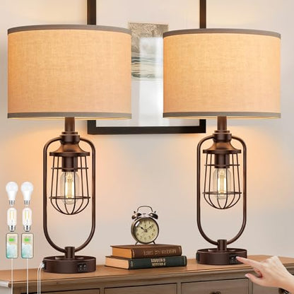 Table Lamps for Living Room Set of 2, Farmhouse Lamps for Night Stands, Industrial Bedside Lamps for Bedroom Nightstand with USB A+C, Bulbs Included - color: Oil-Rubbed Bronze
