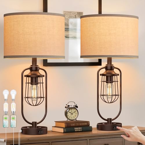 Table Lamps for Living Room Set of 2, Farmhouse Lamps for Night Stands, Industrial Bedside Lamps for Bedroom Nightstand with USB A+C, Bulbs Included - color: Oil-Rubbed Bronze