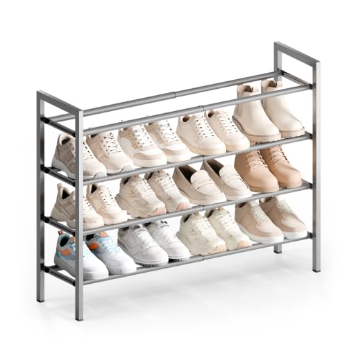 Bumusty 4 Tier Expandable Shoe Rack for Closet, Light Grey | 18"-33" Adjustable Shoe Rack for Entryway, Small Shoe Organizer for Dorm, Front Door, Sturdy Metal - color: Light Grey, size: 4-tier