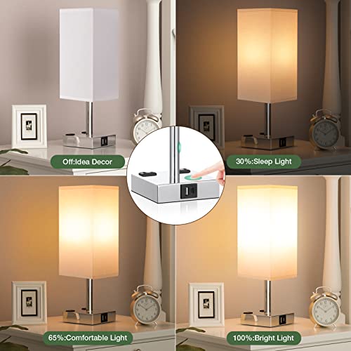 Touch Table Lamps Set of 2 for Bedroom - Dimmable, USB C+A, 2 AC Outlets | 3-Way Dimming, 3000K LED Bulbs Included, Square White Lampshade Silver Base, Small Bedside Lamp for Nightstand, Desk, Dorm - color: White-Silver