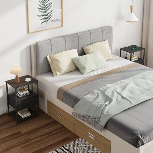 TUTOTAK Nightstand Set of 2, Night Stand with Charging Station, End Table, Bedside Table with Fabric Drawer, Side Table for Livingroom and Bedroom, Black TB01BK0692 - color: Black, style: Plug