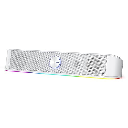 Redragon GS560 RGB Desktop Soundbar, 2.0 Channel Computer Speaker with Dynamic Lighting Bar Audio-Light Sync/Display, Touch-Control Backlit with Volume Knob, USB Powered w/ 3.5mm Cable, White - color: White