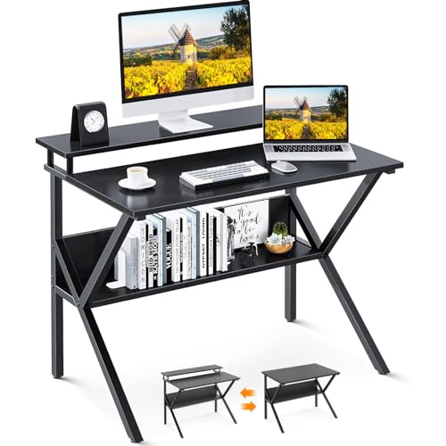 ODK Small Desk, 27.5 Inch Computer Desk for Small Spaces, Study Desk with Storage & Monitor Stand, Black - color: Black
