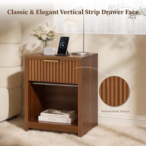Fluted Nightstands Set of 2, Wooden Night Stand with Drawer Storage, Modern Mid Century End Table,for Bedroom Living Room Sofa Couch Home Office,Walnut
