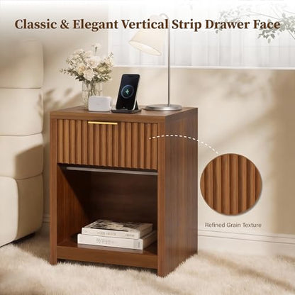 Fluted Nightstands Set of 2, Wooden Night Stand with Drawer Storage, Modern Mid Century End Table,for Bedroom Living Room Sofa Couch Home Office,Walnut