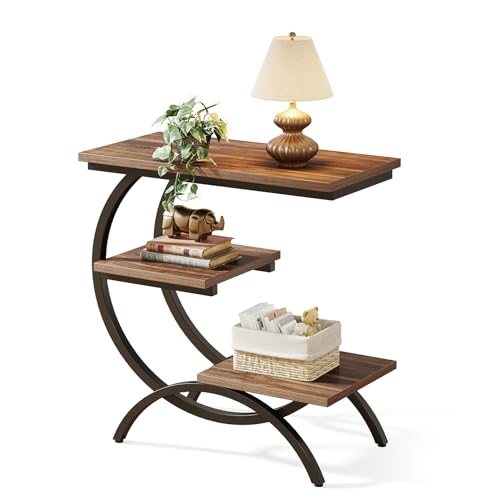 LITTLE TREE End Table, Narrow End Table with 3 Storage Shelves, Industrial C-Shaped Small Sofa Side Table for Living Room, Wood Slim Snack Table with Black Metal Frame, Rustic Brown - color: Rustic Brown
