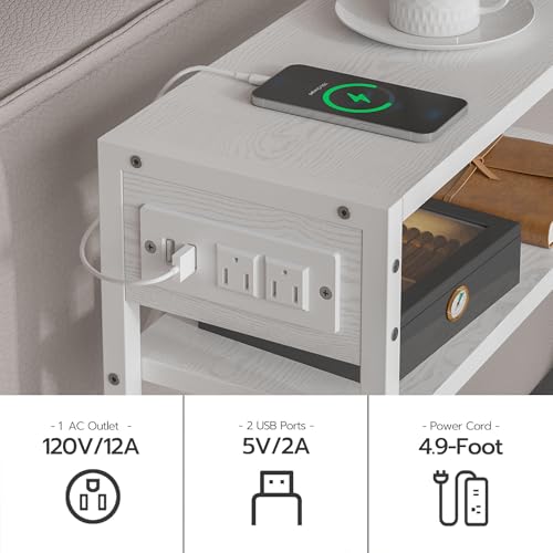 Leomonio White Side Table with Charging Station, Slim End Tables with Linen Basket, Skinny Table for Small Spaces, Thin Bedside Table for Living Room, Bedroom - color: White + Camel Brown - Outlet