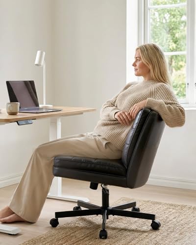 COMHOMA Cross Legged Office Chair with Wheels Armless Office Desk Chair, Modern Vanity Computer Task Chairs for Home Bedroom, Comfortable Wide Seat for Lower Back Pain Relief, PU Leahter, Black - color: Matte-black