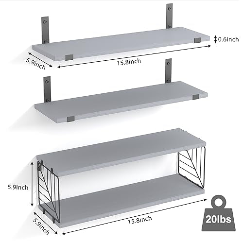 Fixwal 3+1 Tier Bathroom Floating Shelves Over Toilet, Gray | Gray Wood Shelf Set with Toilet Paper Storage Basket, Natural Finish, 40Lb Weight Limit, Quick Mount, Versatile - color: Grey