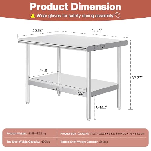 Jocisland 30" x 48" Stainless Steel Table for Prep & Work, Food-Grade Stainless Steel Adjustable Under Shelf and Feet, for Commercial Kitchen, Restaurant, Hotel, Garage - size: 30x48 in, style: Rounded Table Corner