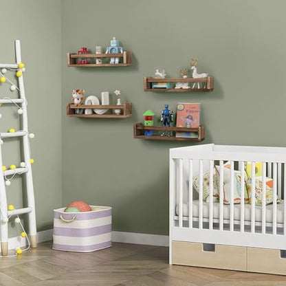 Nursery Room Shelves Set of 4, Wood Floating Book Shelves for Kids Room, Baby Book Shelf for Nursery, Kitchen Spice Rack (Carbonized) - color: Carbonized