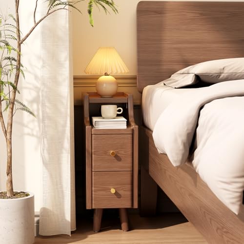 Narrow Nightstand with 2 Drawers,Walnut Nightstand,Bedside Table,Solid Wood Modern Bedside Table for Bedroom,Study,Toilet - color: Walnut, size: 15.75"D x 7.87"W x 22.32"H(2 Drawers)
