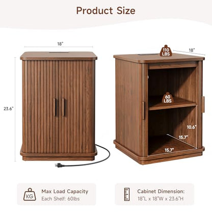 ONBRILL Square End Table with Charging Station, Fluted Storage Nightstand | Mid-Century Modern Accent Side Table with Sliding Door & Sturdy Pedestal, for Small Space, Living Room, Bedroom, Walnut - color: Walnut