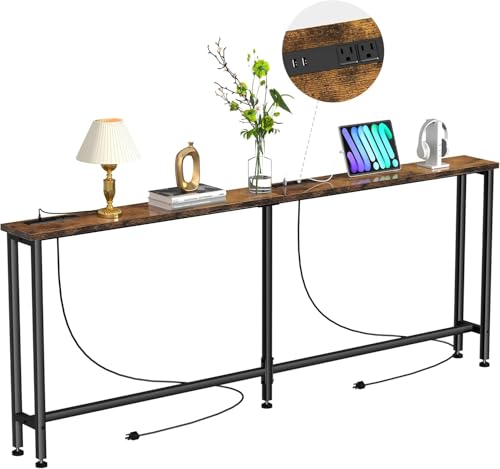 Keelian 102" Narrow Console Sofa Table - 2 Power Outlets & 4 USB Ports, Metal Frame, Rustic Brown, Perfect for Hallway, Office, and Behind Sofa - Easy Assembly, 4.9' Extension Cord Included - color: Rustic Brown, size: 102IN
