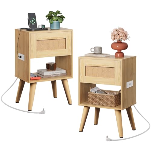 WLIVE Rattan Nightstands Set of 2 with Charging Station, Boho Nightstand, Wood Side Table, Small End Table with Drawers for Bedroom, Natural Oak - color: Natural Oak+1 Drawers+2pcs, style: Bohemian