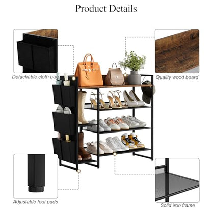 Shoe Racks Bench,Shoe Organizer with Bench for Closet- Free Standing Boot and Shoe Rack with Storage Bag for High Heels, Entryway, Hallways, Closets, Dormitory Rooms,Brown 4-Tier - size: 4 Tier with Side Bag