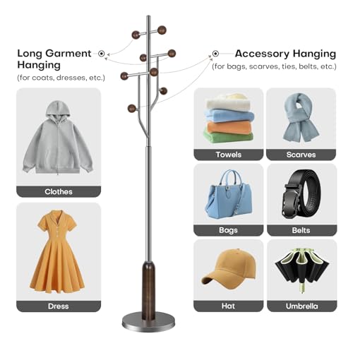 Coat Rack Freestanding Metal Coat Tree with 8 Wood Hooks | Heavy Duty Standing Coat Rack, Stainless Steel Marble Base, Coat Hanger Stand for Bedroom Entryway Hallway, Hat, Bags - color: Stainless Steel and Wood